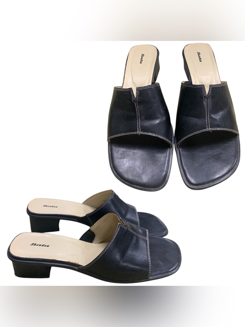 Bata Black Leather Slip-On Low Heel Sandals S10